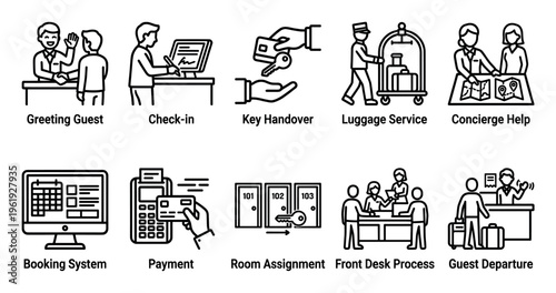 A set of clean line art icons illustrates various hotel services including guest greetings, check-in, key handover, luggage service, concierge, booking, payment, room assignment, and departure.