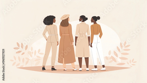 A minimalist flat illustration of a diverse group of modern women standing together background 
