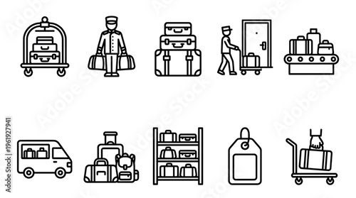 A set of black outline icons representing various aspects of travel and luggage handling, including hotel bellhop, baggage claim, and transport.