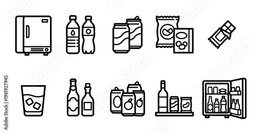A set of clean line art icons featuring a mini fridge, bottles, cans, chips, chocolate bar and a glass of ice.
