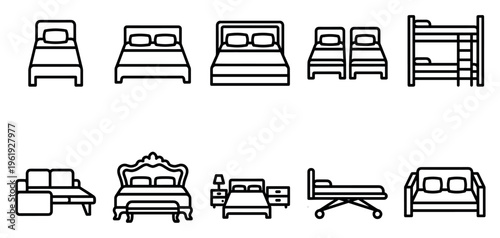A clean set of line art icons depicting various types of beds, sofas, and furniture pieces on a white background, ideal for design and web use.
