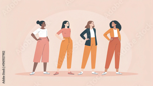 A minimalist flat illustration of a diverse group of modern women standing together background 
