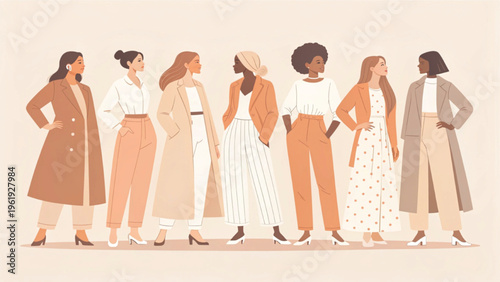 A minimalist flat illustration of a diverse group of modern women standing together background 
