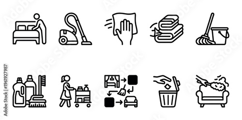 A collection of simple line art icons depicting various household cleaning tasks and services, including bed making, vacuuming, and mopping.