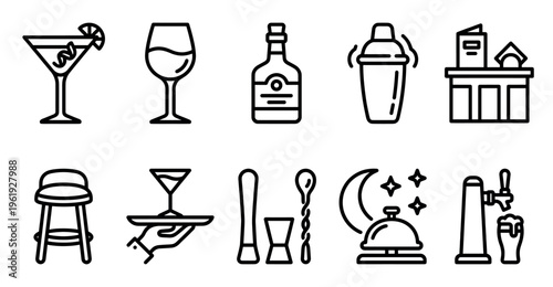 A clean, modern collection of linear icons representing various bar elements including drinks, tools, and service items, perfect for hospitality and nightlife themes.