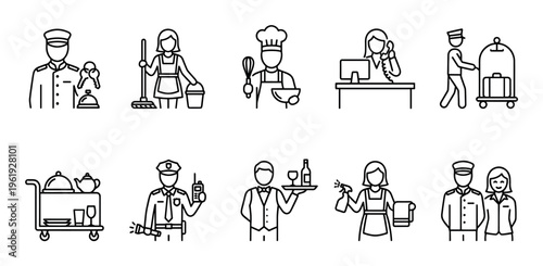 A collection of simple line art icons depicting various hotel service professionals including a doorman, maid, chef, receptionist, bellhop, waiter, security guard, and staff members.