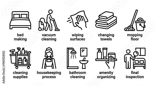 A collection of minimalist line art icons illustrating hotel housekeeping and cleaning services, including bed making, vacuuming, and bathroom cleaning.