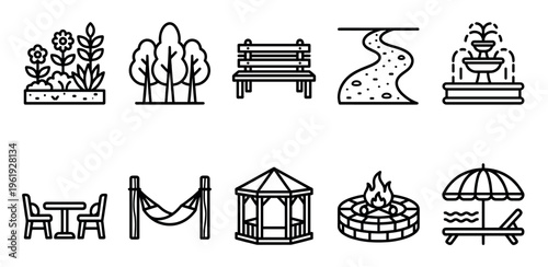A collection of clean line art icons representing various outdoor recreation and leisure activities, including garden elements, seating, and relaxation spots.