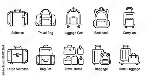 A collection of simple black and white outline icons depicting various types of luggage and travel items, ideal for travel and tourism related designs.