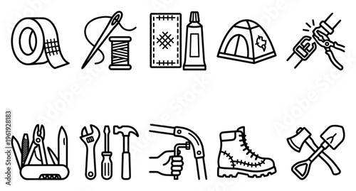 A collection of black and white line art icons representing camping gear and repair tools, ideal for illustrating outdoor activities, survival, and DIY projects.