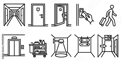 A collection of minimalist black line icons depicting various elements of hotel services, including hallways, doors, elevators, and amenities for hospitality and travel.