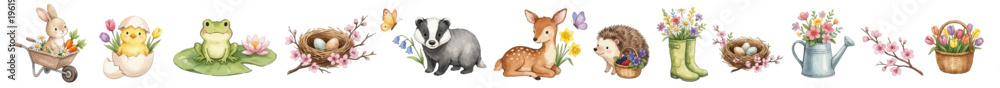 Naklejka premium Adorable woodland spring clipart with animals, flowers, eggs, baskets and nature elements in gentle watercolor style. Collection of Vector illustrations. Perfect for invitation, card, poster, banner, 
