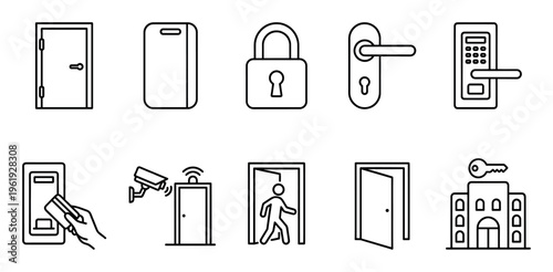 Collection of line art icons depicting various security and access control elements including doors locks key card entry security camera and a building with a key.