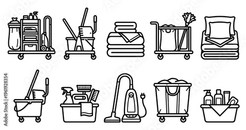 A collection of line art icons depicts various cleaning supplies and equipment, including mops, buckets, spray bottles, towels, vacuum cleaners, and carts, ideal for illustrating concepts.