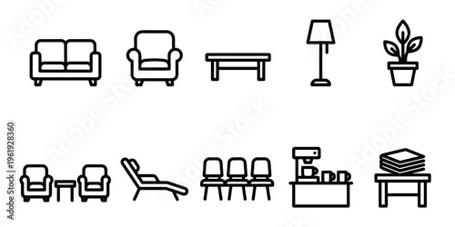 A collection of clean, modern line art icons representing various furniture items and amenities for waiting rooms, offices, or lounges.