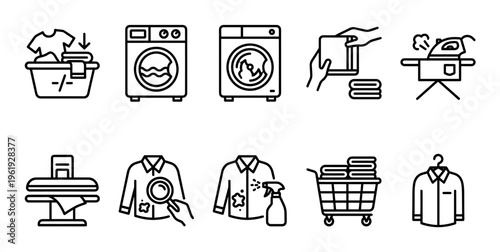 A clean graphic set of linear icons depicting various laundry and clothes care tasks like washing, drying, ironing, and stain removal.