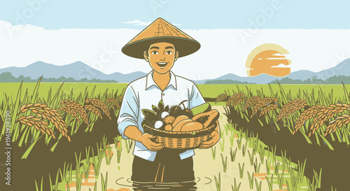 Asian farmer holding basket of produce.