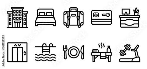 A collection of black line art icons depicts various hotel services including a building, bed, luggage, credit card, reception desk, elevator, pool, dining, spa, and gym.