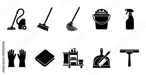 A collection of black silhouette icons representing various cleaning tools and supplies against a white background, ideal for use in service industries or home care.
