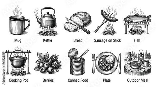 A collection of hand-drawn illustrations depicting various camping food items and cooking methods, including a mug, kettle, bread, sausage, fish, and an outdoor meal.