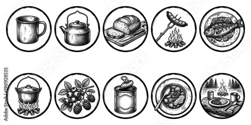 Collection of black and white engraved style icons representing various camping food and cooking elements, including a mug, kettle, bread, sausage, fish, pot, berries, canned food, soup.