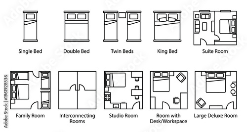 A collection of schematic line drawings illustrating various hotel room layouts including single, double, twin, and king beds, as well as suite and family room designs.