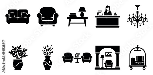 A collection of simple black and white icons representing various hotel interior elements, suitable for design and web use.