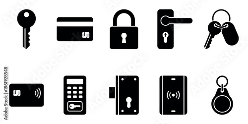 A collection of black security and access icons on a white background, including keys, credit cards, a padlock, a door handle, keychains, and a keypad.