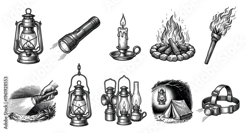 A collection of vintage and modern light sources including lanterns, flashlights, candles, a campfire, torch, and a headlamp, rendered in a classic engraving style for a timeless feel.