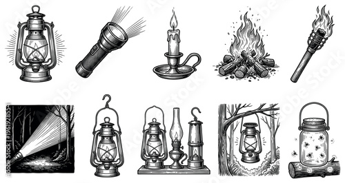 An artistic compilation of various light sources including lanterns, a flashlight, a candle, a campfire, a torch, and fireflies in a jar, rendered in a classic woodcut style.