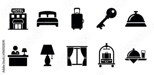 A collection of clean, minimalist black icons representing various hotel services and amenities, perfect for websites, apps, and presentations.