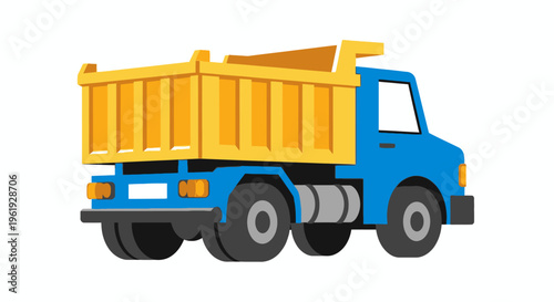 Blue and yellow construction dump truck.
