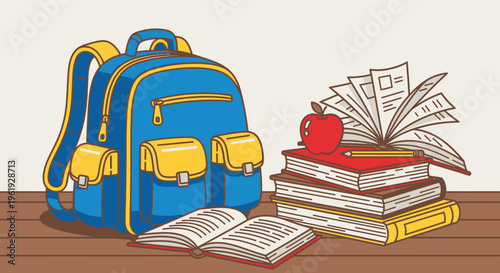 Blue backpack with school books.