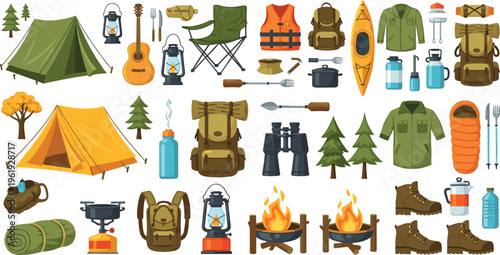 Camping equipment collection with tents, backpacks, lanterns, kayak and outdoor gear for hiking adventure vector illustration set