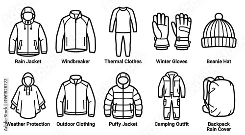 Collection of line art icons representing various outdoor apparel and gear, including jackets, gloves, hats, and a backpack, useful for representing adventure and protection.