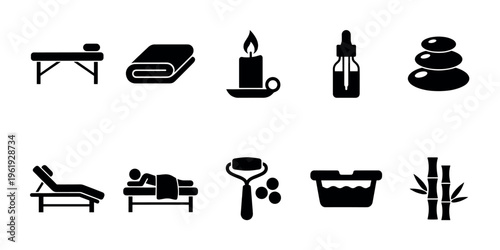 A collection of black icons representing spa and massage therapy elements, including a massage table, folded towel, lit candle, dropper bottle, stacked stones, lounger, person on table, face roller.
