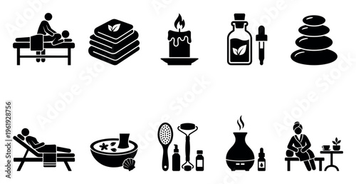 A collection of clean black vector icons representing various spa and wellness treatments, including massage, hot stones, aromatherapy, and relaxation.