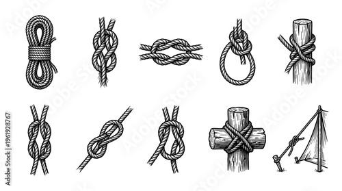 A vintage-style black and white illustration showcases a collection of various nautical and utility knots tied with rope, including anchor bends, bowlines, and clove hitches.