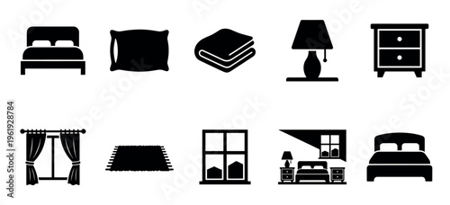 A collection of black and white icons representing various bedroom furniture and decor items, ideal for interior design or sleep-related concepts.