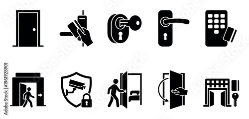 A set of black and white icons representing various security and access control methods including doors, key cards, locks, and surveillance.