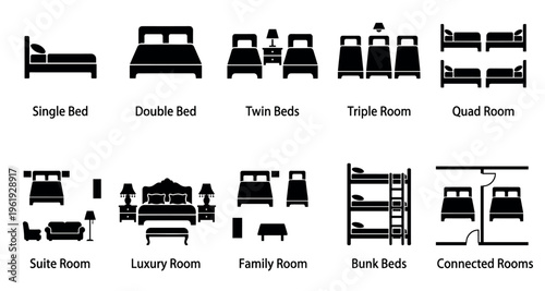 A clean, modern collection of black icons representing different hotel room configurations and bed types, perfect for websites and apps.