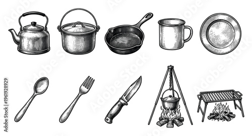 A detailed, hand-drawn illustration depicts a collection of vintage camping cookware and utensils, including a kettle, pot, cast iron skillet, mug, plate, cutlery, and campfire cooking equipment.