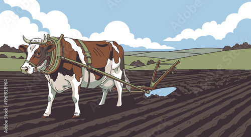 Brown and white cow plowing field 1.