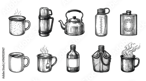 A collection of vintage hand-drawn outdoor drinkware, including steaming mugs, a thermos, kettle, water bottle, and flask, presented in a monochrome etching style.
