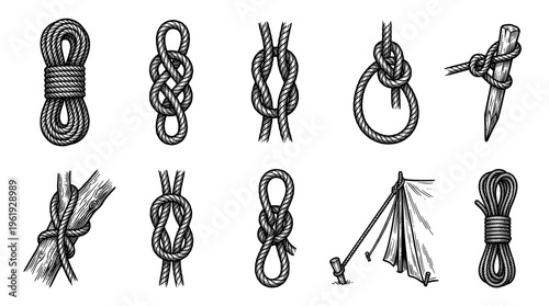 Detailed vintage illustration showcasing various essential rope knots and their applications in maritime and camping scenarios.