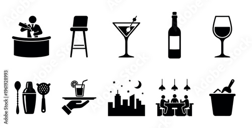 A collection of black and white icons representing various bar elements including a bartender, drinks, and social gathering scenes.