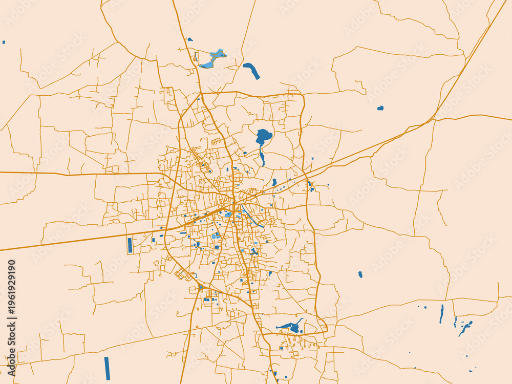Fototapeta premium Minimal city map of Bogra, Bangladesh with golden linework with blue water