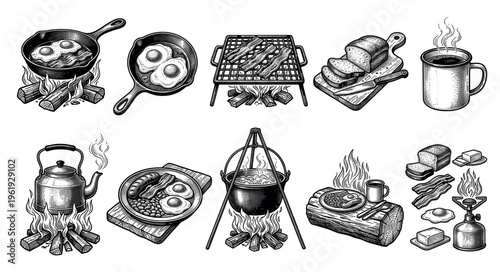 This vintage illustration set showcases various camping breakfast elements like bacon, eggs, coffee, and bread cooked over an open fire or camp stove.