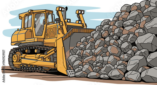 Bulldozer pushing large pile rocks.
