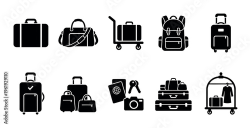 Collection of black silhouette icons representing various types of travel luggage, including suitcases, duffel bags, backpacks, and hotel carts, ideal for travel and transportation themes.